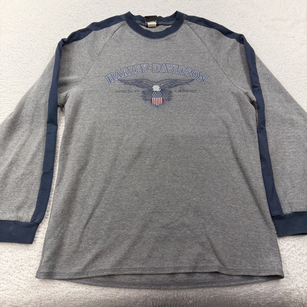 Vintage Harley Davidson American Legend Raglan Long Sleeve Shirt Grey Navy XL
